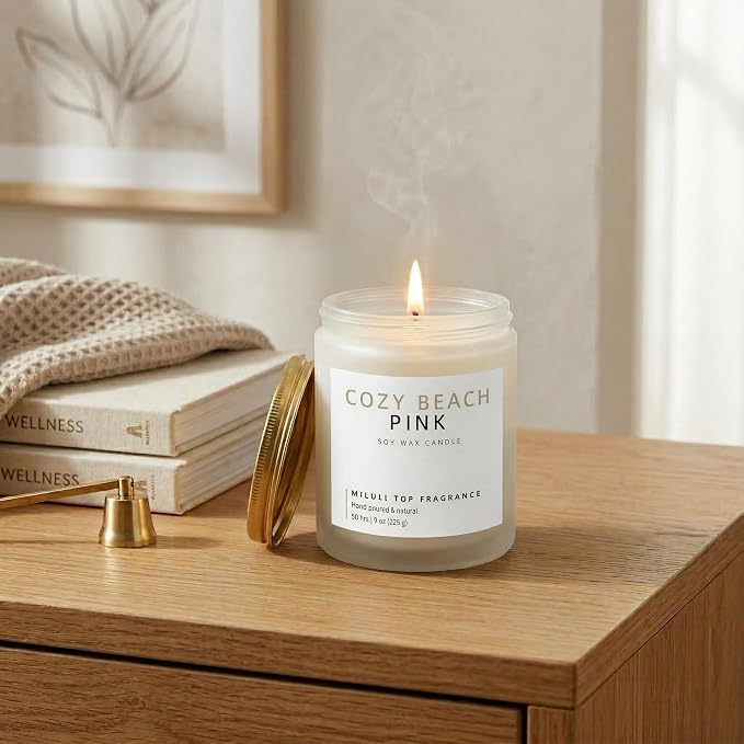 Cozy Beach Pink Scented Candles for Home - 15% Essential Oil Luxury Aromatherapy - Handmade Natural Soy Wax Candle for Women Men Relaxation - 9oz Frosted White Jar, 50H Clean & Non-Toxic Burn