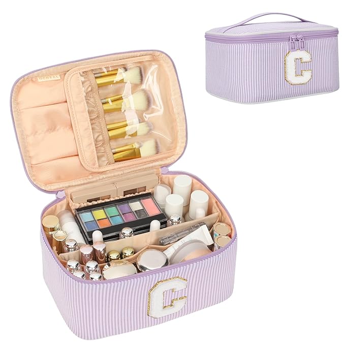 OCHEAL Makeup Bag Valentines Day Gifts for Women, Monogram Cosmetic Bag Purple Travel Makeup Case Beauty Toiletry Bag Organizer Personalized Gifts for Girls Bridesmaid, Sister, Wife, Friends Initial C