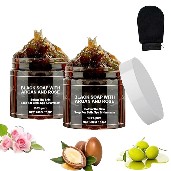 satasiam Morocco Black Soap With Argan And Rose, Morocco Black Beldi Soaps, Blacks Soap Bar Exfoliating Soaps, Moroccan BlackSoap Hammam, Moroccos Body Scrub with Exfoliating Glove (2)