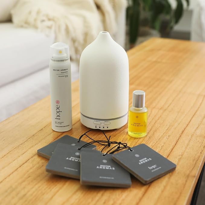 Doctor Aromas Gift of Hope Bundle: Stone Diffuser +Diffuser Drops (1oz)+ Room Spray + 4X Car Perfume – Elegant Odor Eliminator and Air Freshener Scent Aromatherapy Gift