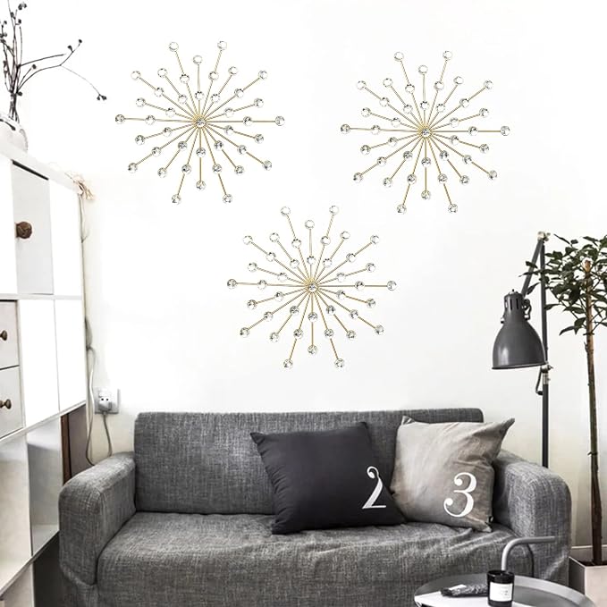 ZEXUIRU 3 Set Gold Starburst Wall Art for Home Decor Metal Bling Crystal Rhinestones Sunburst Wall Decor Sparkling Rhinestone Art Accent Gold - 18in