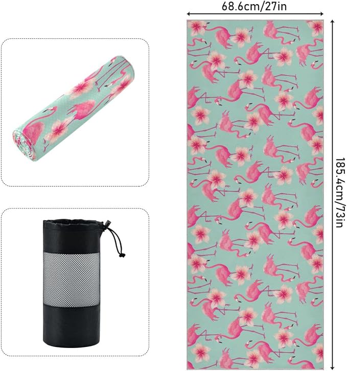 Flamingo Flower Yoga Mat Towel Non Slip Soft Sweat Absorbent Hot Yoga Mat Towel, for Hot Yoga, Pilates and Workout-73 x 27 Inch