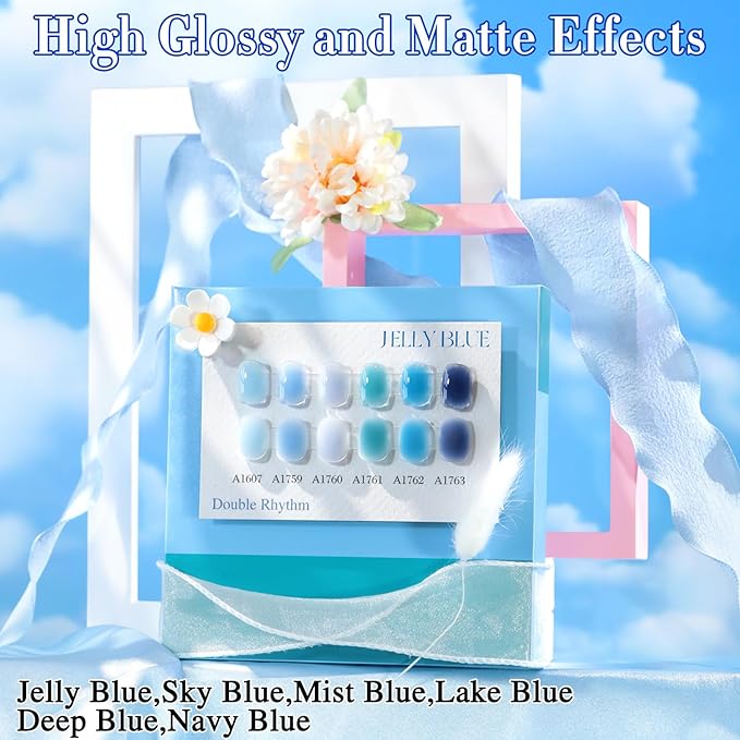 Double Rhythm 6 Pcs 15 ML Gel Polish Set Same Color Same Bottle Soak Off Gel Polish Kit Nail Art Manicure Salon DIY at Home for Women (Jelly Milky Light Dark Blue Navy-T6-82)