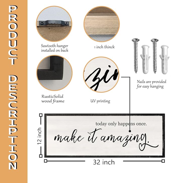 RLWangChao Today Only Happens Once Make It Amazing Wall Art 32"X12" Black | Large Inspirational Quote Sign Rustic Living Room, Vintage Wood Frame, Office Motivational Home Wall Hanging Decor