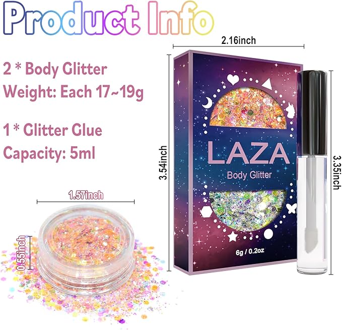 Laza Mardi Gras Body Glitter, 2 Jars Gold Purple Green Chunky Sequins with Glue Women Eyeshadow Fat Tuesday Face Paint Festival Rave Outfit Hair Accessories Party Costumes – Mardi Gras Carnival