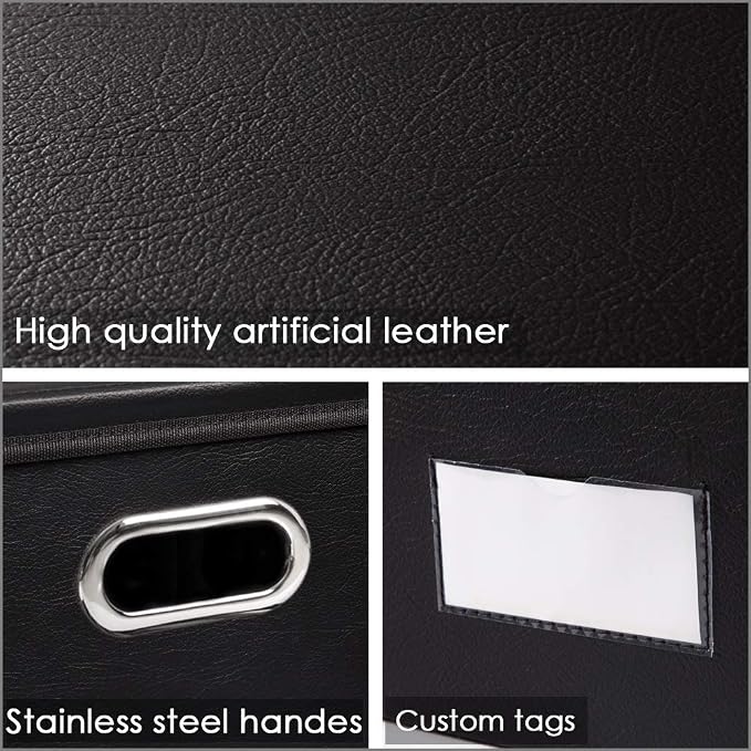 Large Foldable Storage Bins with Lids [3-Pack] Leather Fabric Collapsible Storage Boxes Organizer Containers Baskets Cube with Cover for Home Bedroom Closet Office Black(17.7x11.8x11.8)