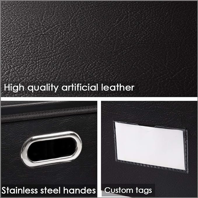 Collapsible Storage Bins with Lids [3-Pack] Leather Fabric Foldable Storage Boxes Organizer Containers Baskets Cube with Cover for Bedroom Closet Office Nursery Black (14.9x10.8x10)