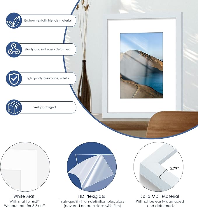 8x10 Picture Frame Set of 6, Wall or Tabletop Display, Blue | Display 5x7 with Mat or 8x10 Without Mat, Horizontal or Vertical, Gallery Wall Frame Set for Wedding & Room & Home Decor
