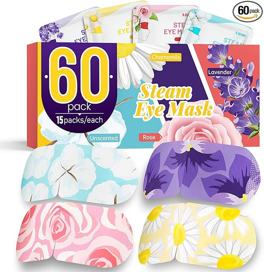 60 Pack Steam Eye Masks Disposable for Dry Eyes, Heated Eye Mask Warm Compress for Eyes, Relaxation Gifts, Travel Essentials - Lavender, Unscented, Chamomile, Rose