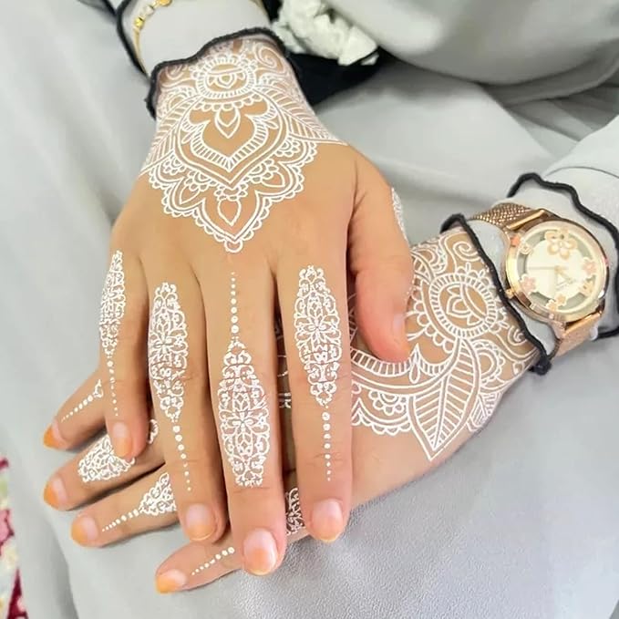 6 Sheets Henna Tattoos Temporary Stickers White Flower Geometric Waterproof Henna Tattoos for Women Indian Diwali Supplies Wedding Party Festivals Decoration