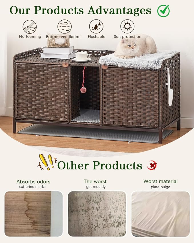 SETVSON Cat Litter Box Enclosure for 2 Cats, Litter Box Furniture, Brown | Beautiful Decorative Furniture Look, Sturdy Iron Frame, 3.2" Heightened Feet, Double Mats, S-Hooks Included, Double Doors