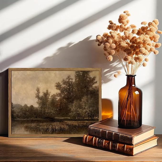 Framed Vintage Landscape Canvas Wall Art, Rustic Forest Lake Wall Decor Paintings, Retro Country Nature Pictures Prints Aesthetic Home Decor for Living Room Bedroom Office Farmhouse 8x10 inch