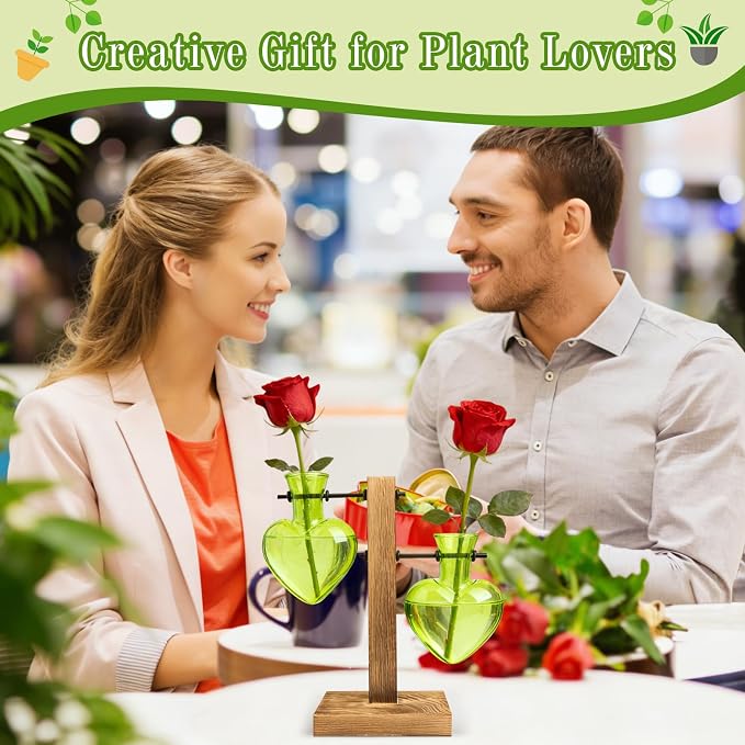XXXFLOWER Plant Propagation Station Terrarium 2 Green Heart Shaped Vase | Terrarium Kit Bulb Glass Metal Desk Plant Holder, Retro Air Plants Water Plants, Home Office Decoration