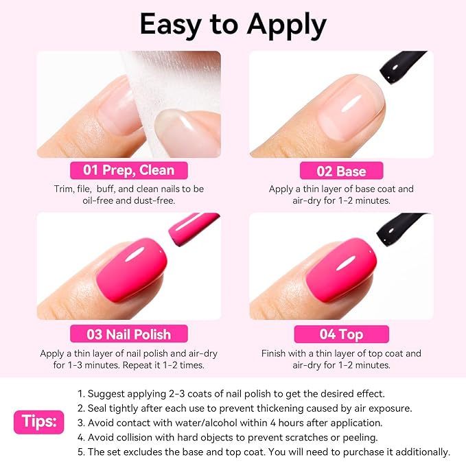 Hot Pink Nail Polish Set - 6 Colors Neon Pink Light Pink Shades Pastel Pink Air Dry Regular Nail Polish Pack for All Skin Tones, Rich in Castor Oil, Non Gel, Salon-Quality Nail Art Gift