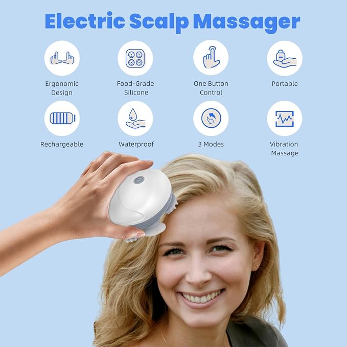 Upgraded Electric Scalp Massager for Men Women, Handheld Cat Dog Pet Head Massager with 4 Massage Heads, 3 Speeds, Waterproof Massager for Soothing Muscles Joints, Hair Growth, Stress Relax
