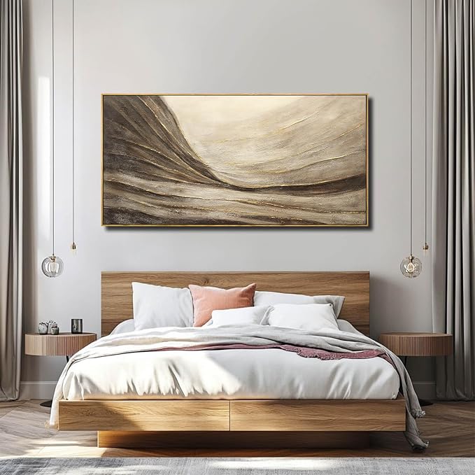 Framed Brown Gold Abstract Wave Canvas Wall Art for Living Room 24x48 Inch