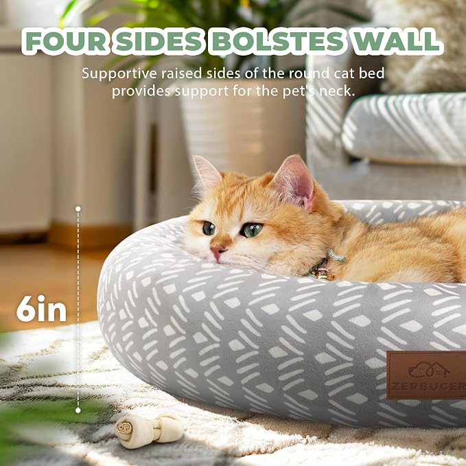 Zerbuger 20in Grey Pattern Round Dog Bed Sofa for Dogs Cats, Washable | for Small/Medium/Large Dogs Cats, Foam Pet Couch with Removable Mat Non-Slip Bottom, Pet Cuddler for Indoor/Outdoor/Car/Cage