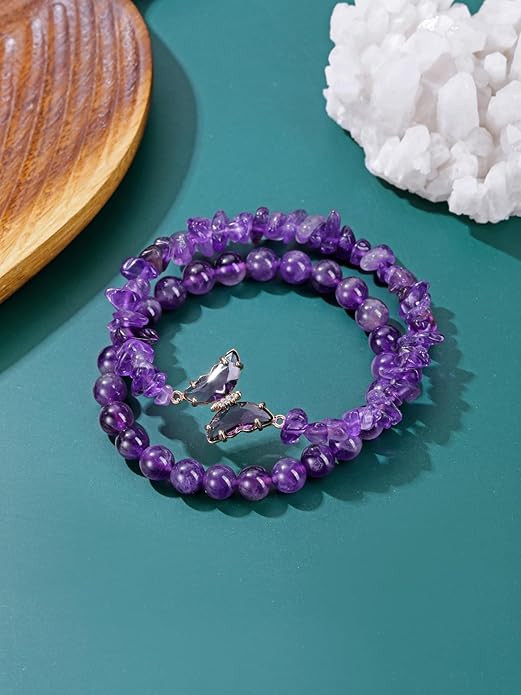 Top Plaza Amethyst Bracelet Healing Crystal Stone Bracelet for Women 8mm Crystal Beads Butterfly Charms Stretch Bracelet Handmade Energy Gemstone Bracelet Jewelry