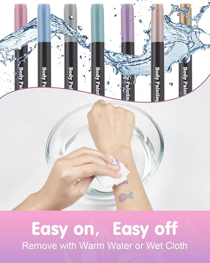 Lictin Temporary Tattoo Markers for Skin, 7 Colors Dual-End Skin Tattoo Pens with 50 Tattoo Stencils, Metallic Body Markers for Kids Teens and Adults, Flexible Brush Tip, Cosmetic-Grade