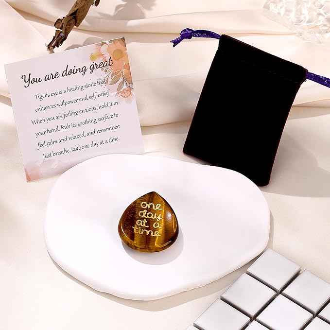 ZHIYUXI One Day at A Time Tiger Eye Thumb Worry Stone for Anxiety Crystals Hand Thumb Stones Pocket Thinking of You Gifts for Women Inspirational Worry Stones for Stress Relief Sobriety Gifts for Her