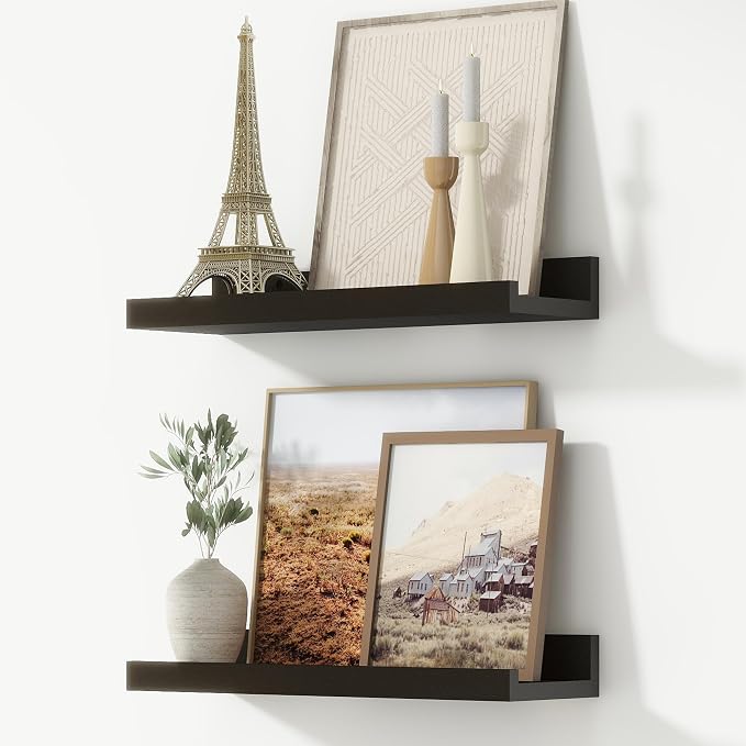 Picture Ledge Shelf, Floating Shelves for Wall, 16" W Set of 2, Black | FSC Certified Engineered Wood, Wall Mounted Bookshelf, for Nursery Living Room Bedroom, Pre-Drilled, Easy Install