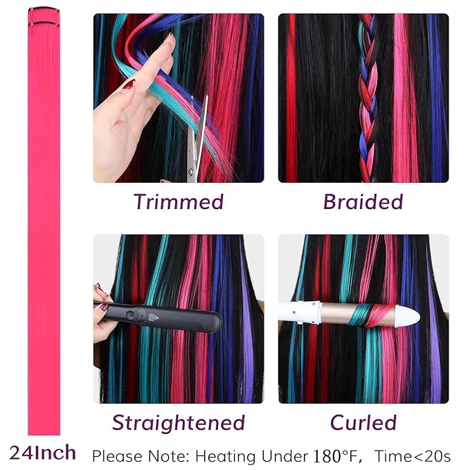 IDN BEAUTY Colored Clip in Hair Extension, 12PCS Hot Pink 24Inch Invisible Clip Straight Synthetic Hair Pieces for Women, Hair Accessories for Party Cosplay Travel Birthday