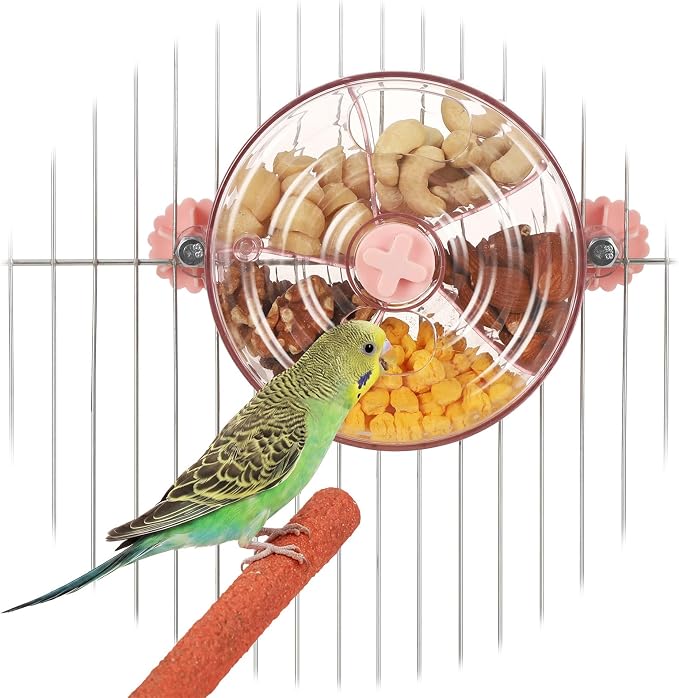 Bird Foraging Toy Interactive Slow Feeder with Rotating Treat Wheel Creative Enrichment Puzzle for Small & Medium Parrots Cockatiel Parakeet Conure - Pink