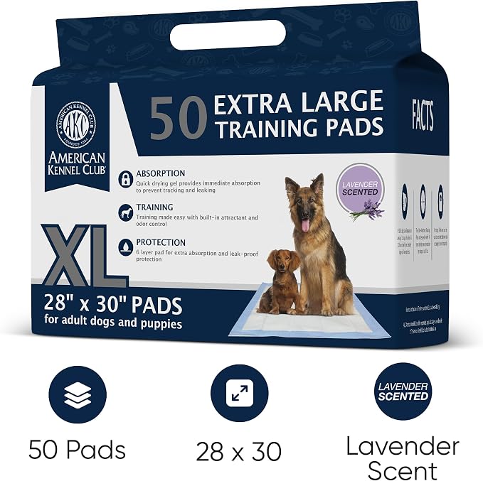 AKC Dog Training Pads, XL 28" x 30", Lavender Scent, 50 Count | Scented dog pee pads help control odors with ultra absorbent quick-dry gel, leakproof layers and potty training protection.
