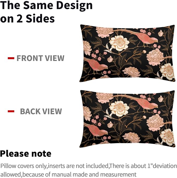 Pink White Roses Floral Lumbar Pillow Covers 12X20 Inch Set of 2 Retro Flowers Birds Gold Leaf Decorative Pillow Cases Art Vintage Black Cotton Linen Cushion Case Home Decor For Sofa Porch Outdoor