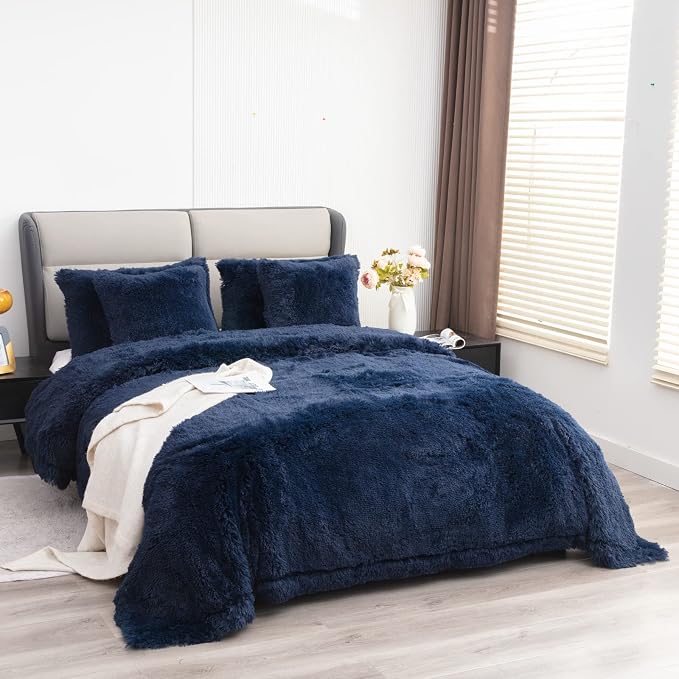 YUSOKI Long Faux Fur King Size Blanket, Navy Blue, 90" x 104" | Ultra Soft, Lightweight for All Season Use, stays fluffy after repeated washes, Perfect Gifts, Machine Washable
