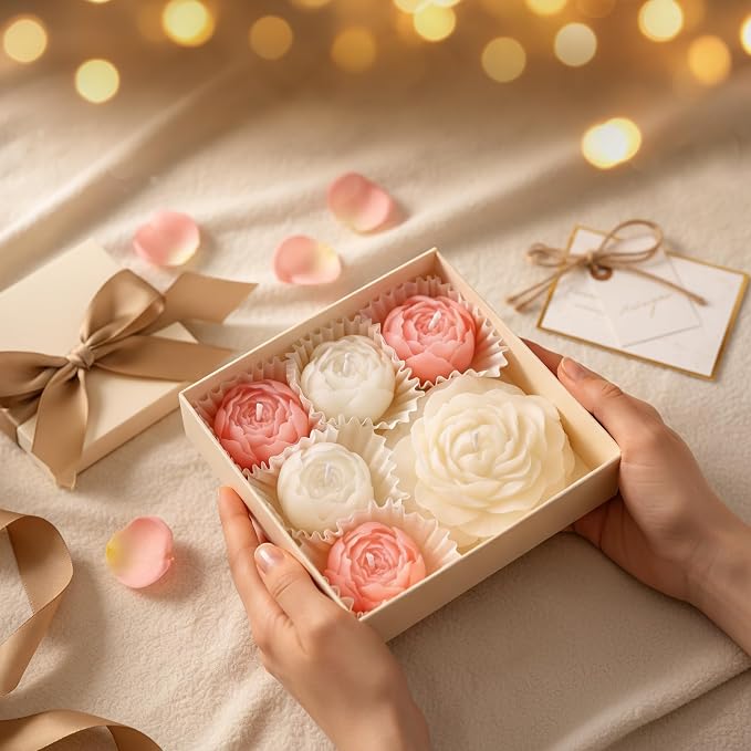 Flower Candles, Rose Peony Scented Floral Candle(White & Pink) | 6-Pack Handmade Aromatherapy for Spa Party Wedding Home Decor