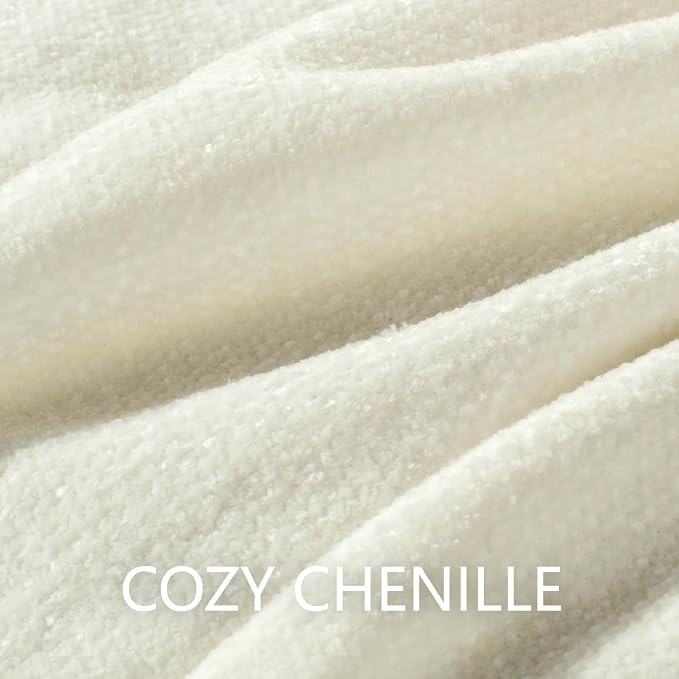Chenille Throw Blanket for Couch 60" x 80" Twin, Ivory White | Soft Cozy Warm Throws with Fringe Tassel, for Living Room Bed Sofa Chair Cover, Lightweight Knitted Decorative Boho Blankets