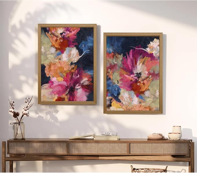 Colorful Abstract Wall Art Decor Modern Flower Canvas Wall Art Abstract Flower Pictures Painting Modern Colorful Artwork Posters Abstract Prints for Living Room Bedroom 12x16 Inch Framed Set of 2