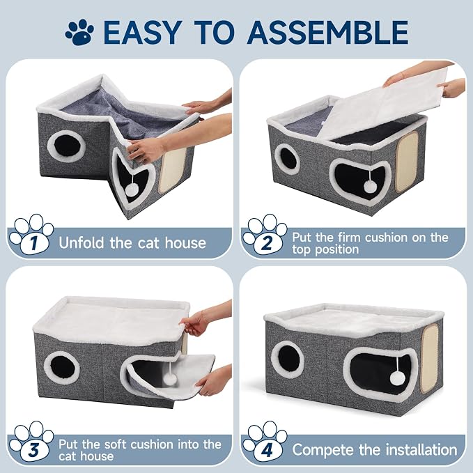 Shikha Extra Large Cat House Bed for Multi Cats with Scratch Pad Grey | 24 x 17.7 x 12.6 IN Widen Cat Cave Cube for Multi Pets, Foldable, Arc-Edge Design, Oval Door, All Seasons Reversible Cushion