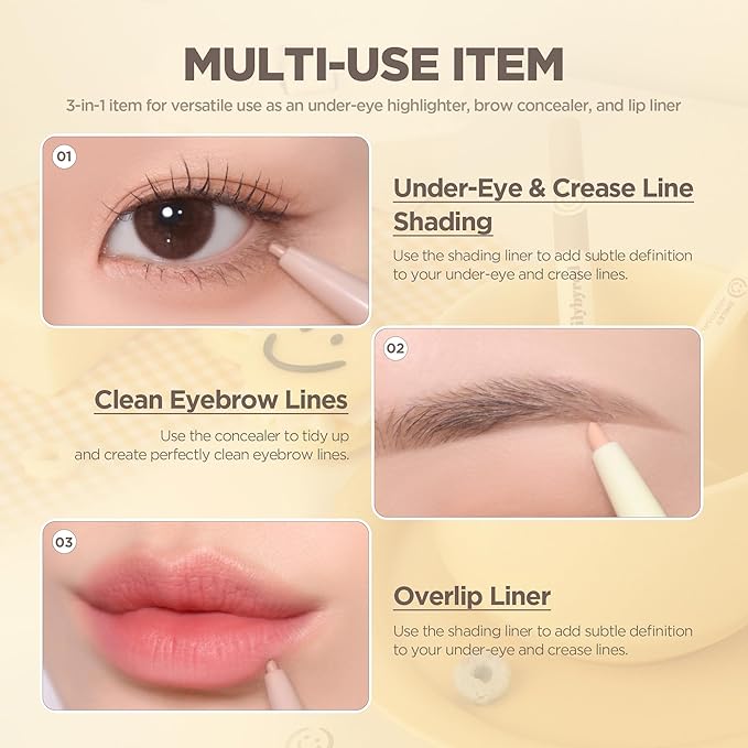 lilybyred Smiley Aegyosal Eyeliner | Korean Aegyosal Highlighter & Contour Pencil, 3-in-1 Multi-Use for Under-Eye, Brows & Lips, 3mm Round & 2mm Flat Tips, Air-Fit Formula, 0.011 oz. (02 Wink Wink)