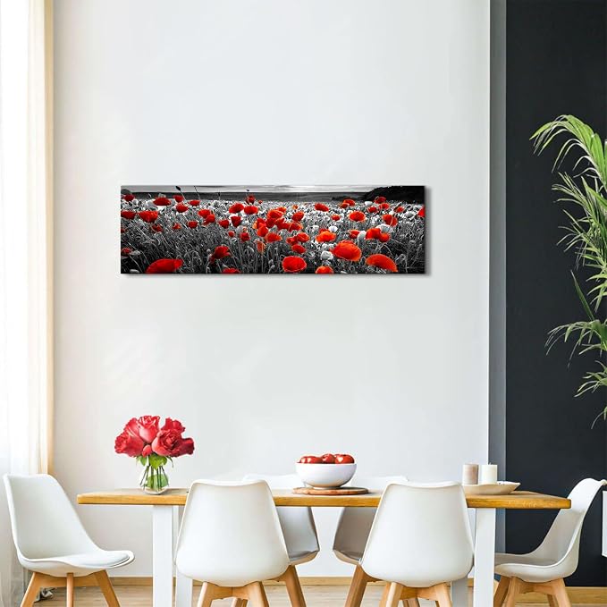 Nature Poppy Wall Art Red and Black Wall Decor Wildflower Field Landscape Picture Canvas Prints Sunrise Poppies Floral Painting Botanical Poster Artwork Living Room Bedroom Home Decorations 14x48”