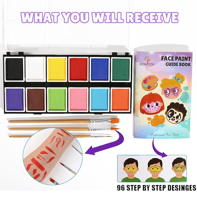 Professional Face Paint Kit, Bowitzki 12 Colors Non Toxic Hypoallergenic Water Based FDA Compliant Professional Halloween Makeup Body Face Painting Colors