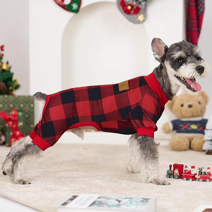 XPUDAC 4 Pack Dog Pajamas for Small Dogs Cats Plaid Doggie Clothes Puppy Onesies Christmas Pajamas Jumpsuits Pet Pjs Shirt Apparel Large, Red Green Beige Grey