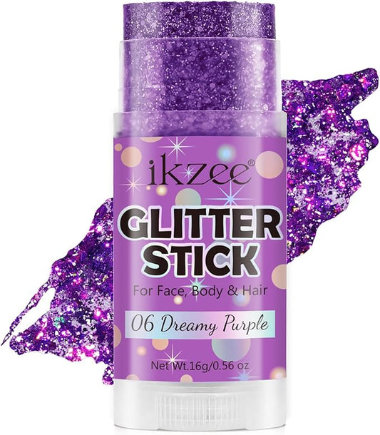 Body Glitter Stick, Purple Glitter Wax Stick for Hair and Face, Waterproof & Long-Lasting Sparkle Chunky Glitter Mermaid Rave Makeup for Singer Concert & Festival Rave Accessories
