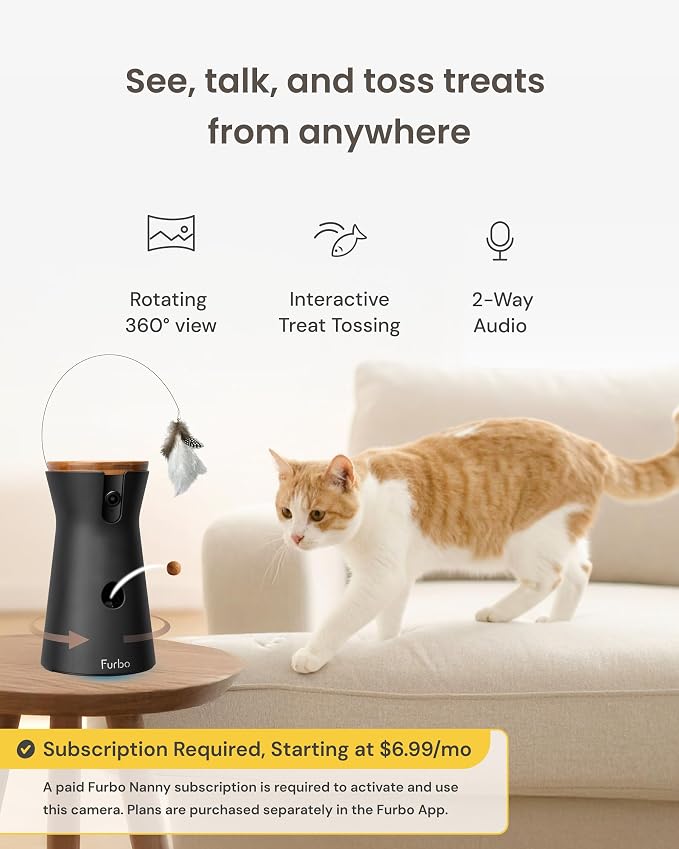 Furbo 360° Cat Camera [Paid Plan Required to Activate] | Stay connected with AI Cat & Home Safety Alerts, Auto-Tracking, Video History & 2-Way Audio. Plan Req. (3mo min)