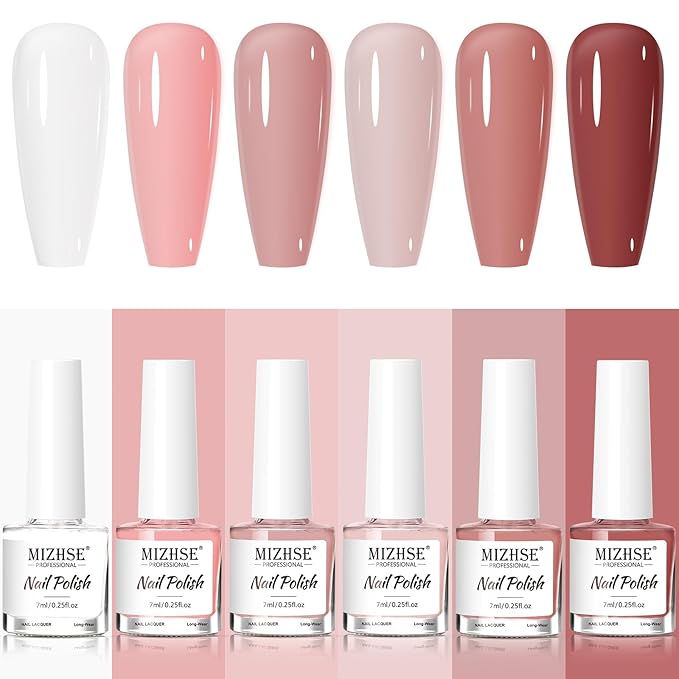 MIZHSE Nail Polish Set: 6 Classic Nude Colors Collection Milky White Nude Pink, Quick Dry Regular Nail Lacquer Fingernail Manicure DIY Nail Art Salon, Valentines Gift for Women Girls