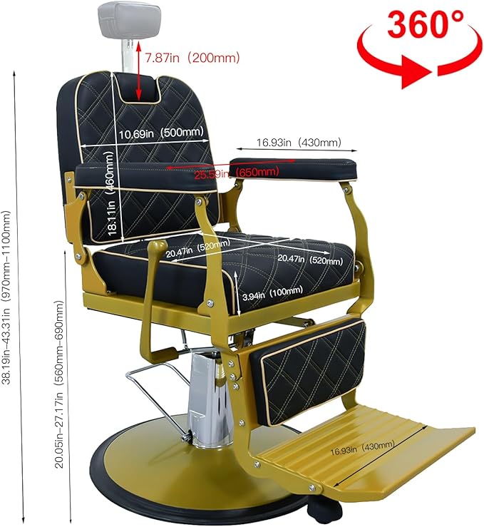 Heavy Duty Vintage Barber Chair，Hydraulic Salon Chair with Headrest for Hairdressers Heavy Tattoo Shampoo Beauty Salon Equipment(Golden)