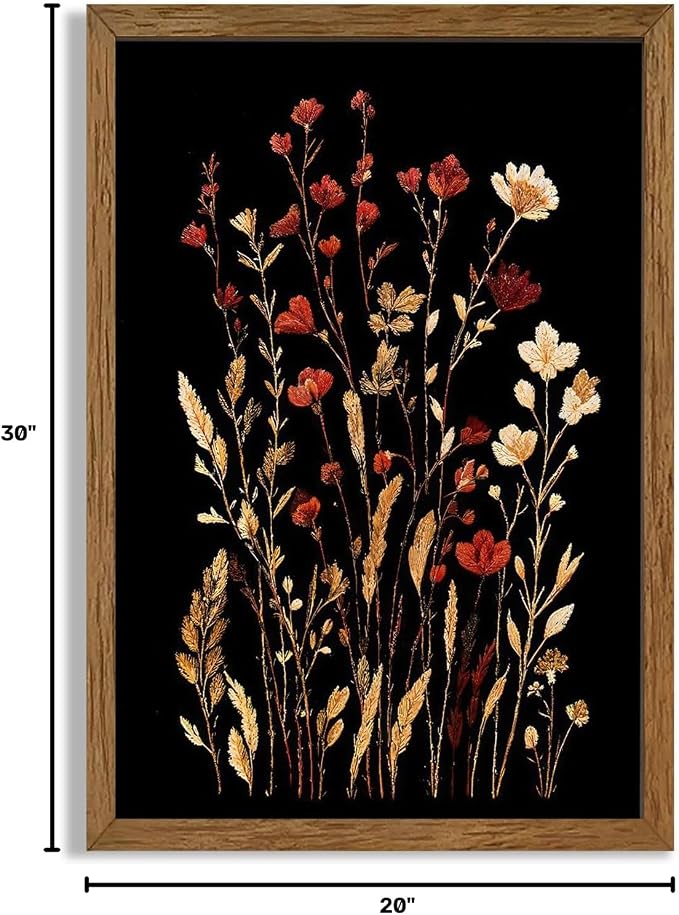 JLTULT Black Floral Wall Art, Vintage Wildflower Framed Canvas, 20 x 30 in | Black-background wildflower art on fade-resistant canvas with a ready-to-hang solid wood frame for bedrooms and bathrooms