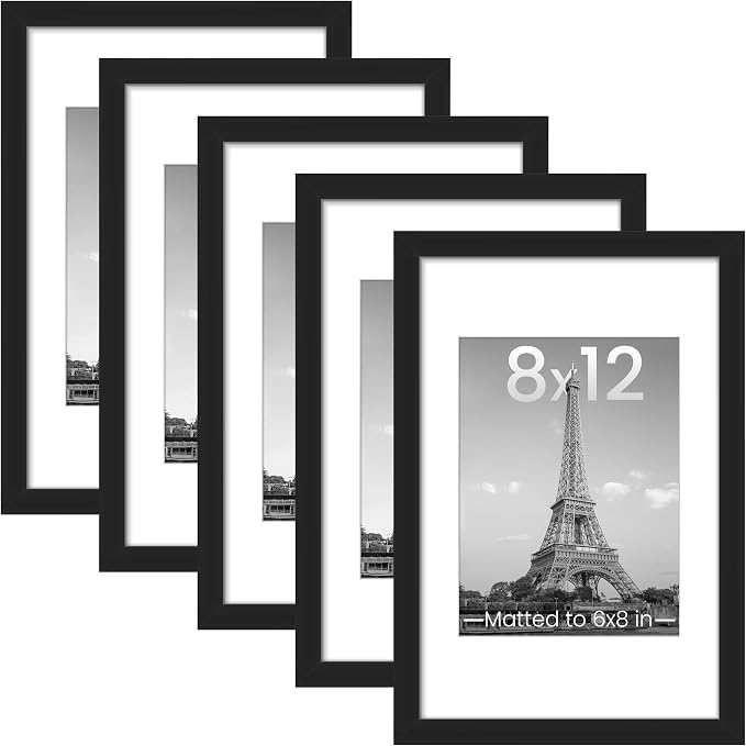 upsimples 8x12 Picture Frame, Gallery Wall Frames Set of 5, Black | Photo Frame Collage Wall Decor, 6x8 Picture Frame with Mat for Family, Baby, Hallway, Christmas