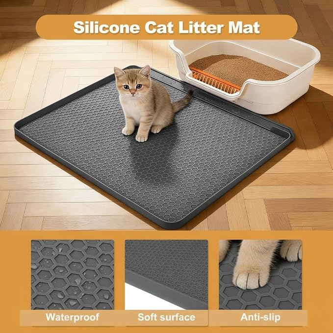 Cat Litter Mat, 24''x20'' Waterproof Silicone Litter Trapping Mat for Litter Box, Soft on Kitty Paws Non-Slip & Easy to Clean (Dark Grey)