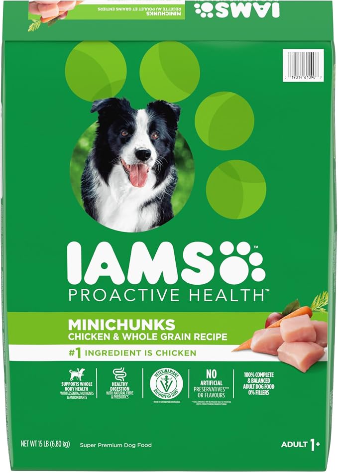 IAMS Proactive Health Adult Minichunks Dry Dog Food, Chicken, 15 lb | Real chicken #1 ingredient, no fillers, natural fiber & prebiotics, Omega-6 fatty acids, antioxidants for immune support