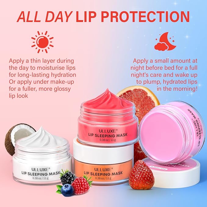 Lip Mask Set 4 Pcs, Overnight Lip Sleeping Mask with Shea Butter, Hyaluronic Acid & Vitamin C Nourishes Hydrates Dry, Flaky Lips, Moisturizing Lip Repair Balm & Butter, Lip Care Gift for Women