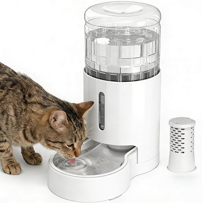 JUNSPOW Cat Water Dispenser with Filter and Stainless Steel Bowl (4L White) | Automatic Gravity Water Dispenser for Cats or Small Medium Size Dogs, Large Capacity, Easy to Clean