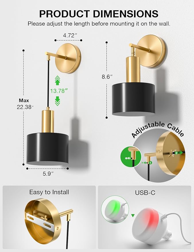 Battery Operated Wall Sconce Set of 2, Gold & Black Wireless Rechargeable Wall Lights with 5200mAh Dimmable Detachable Bulbs and Remote, 9 Colors Sconces Wall Decor for Bedroom Living Room