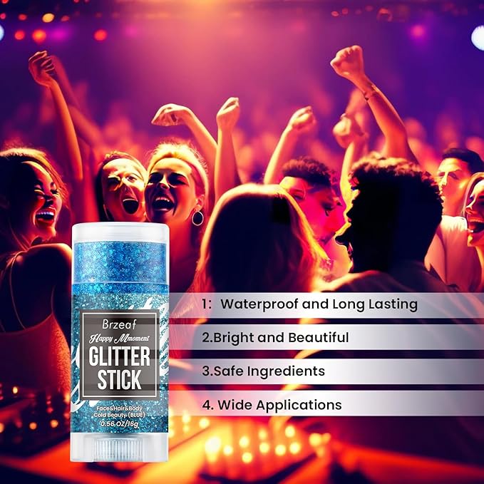 Brzeaf Waterproof Blue Glitter Stick, Christmas Festival Rave Accessories, Safe Ingredients & Long Lasting, Hair Eyeshadow Face Glitter Stick, Singer Concert Music Rave Festival, Glitter Makeup